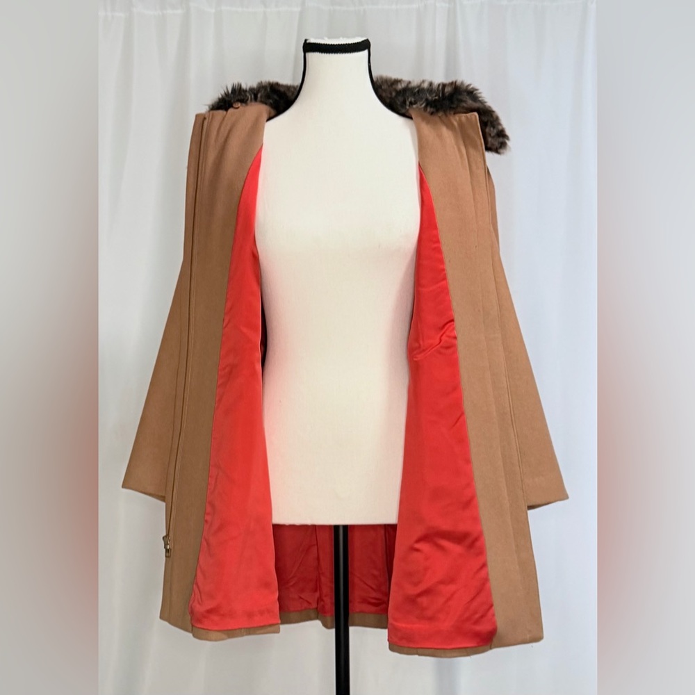 Anthropologie Elevenses Wool Blend Jacket Tan Coat with Faux Fur Collar Size 8 - Picture 4 of 10
